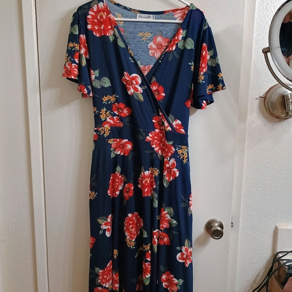 Xhilaration Red and Blue Ruffled Wrap Midi Dress. - Picture 1 of 4